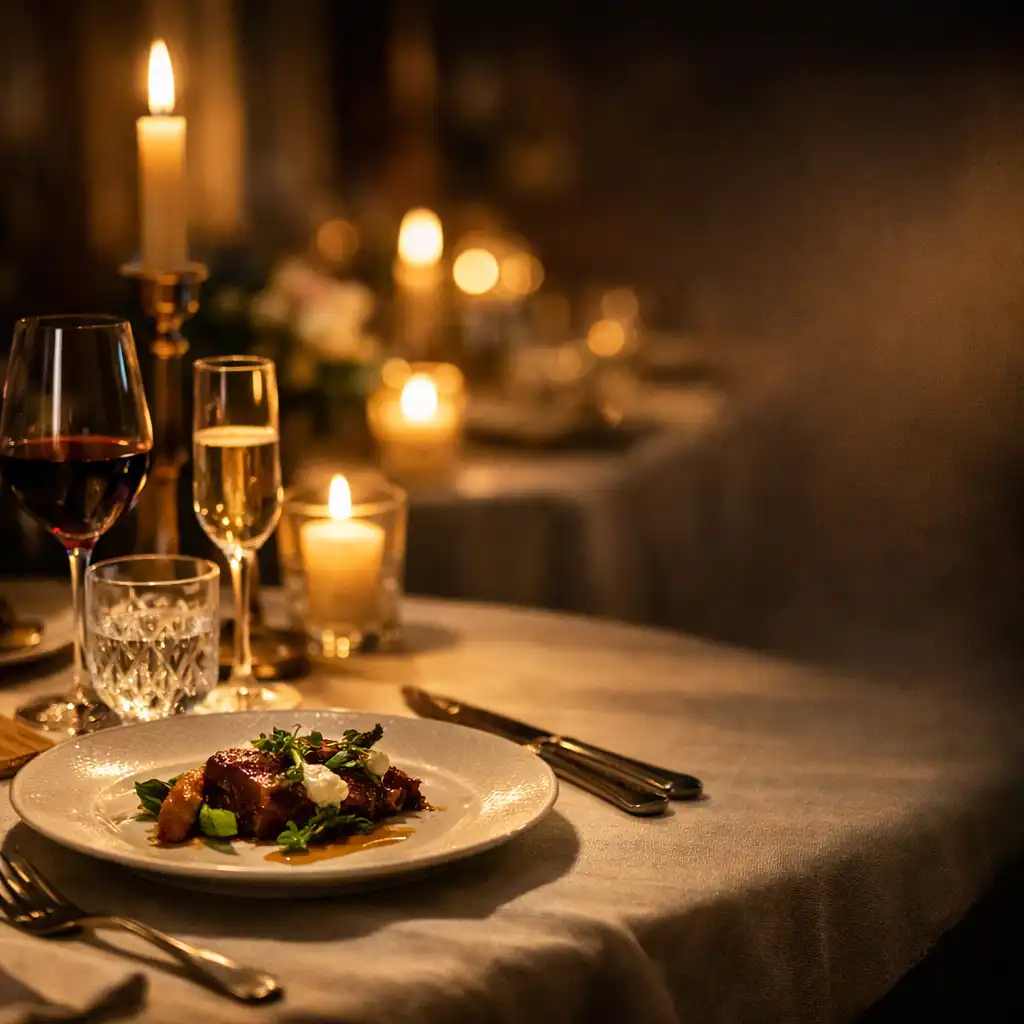 Table gastronomique élégante avec dressage raffiné