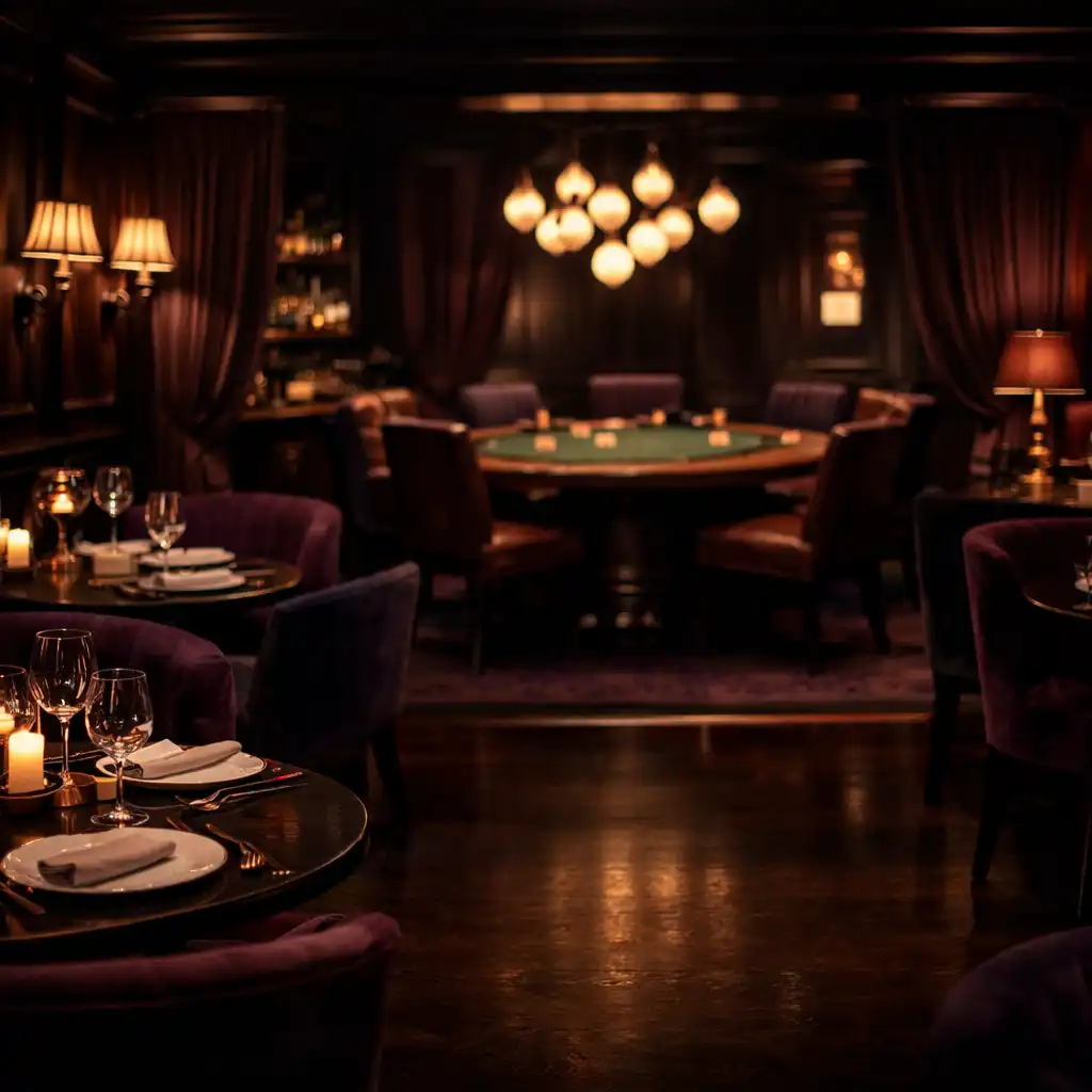 Ambiance d'un restaurant français élégant avec un salon de poker discret