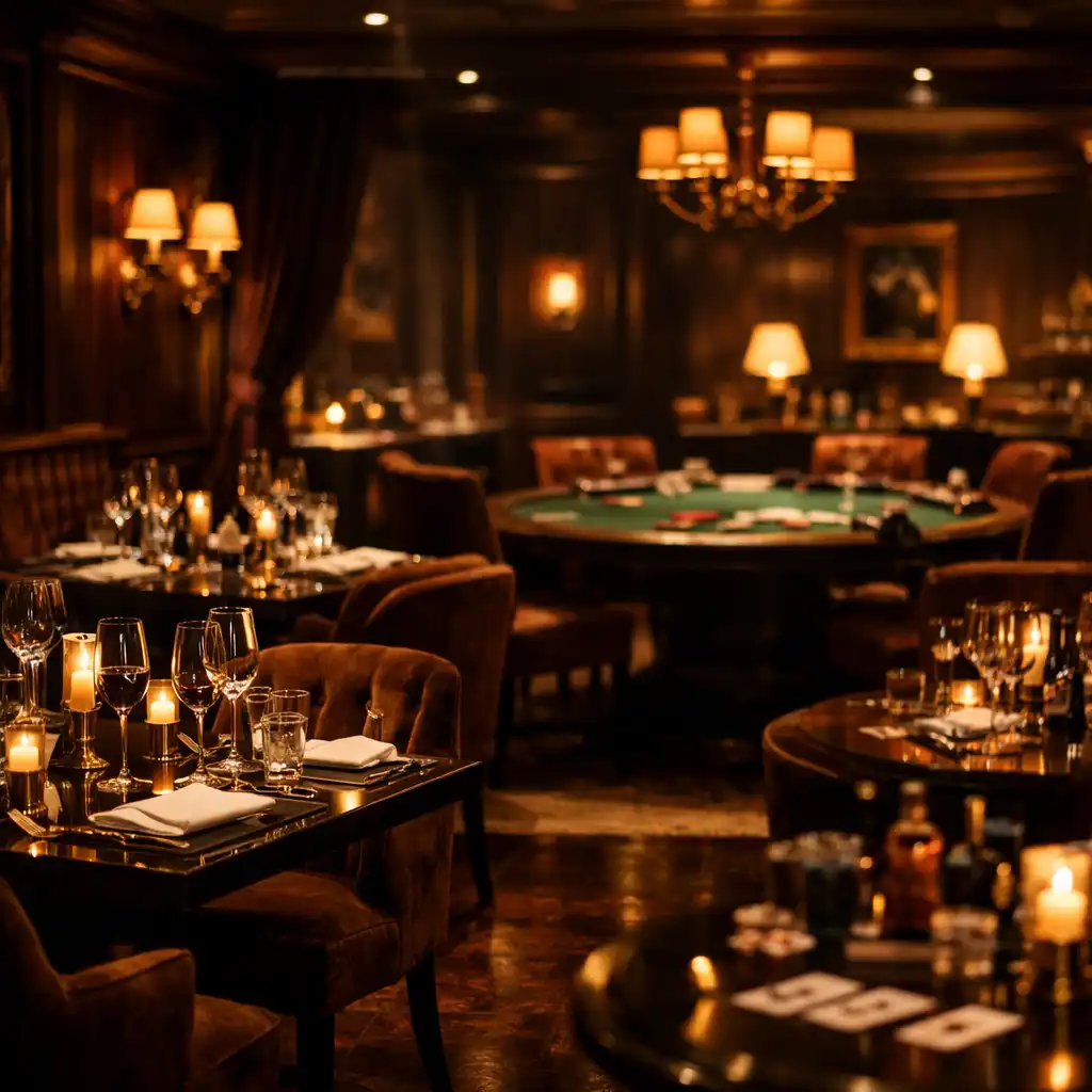 Intérieur élégant mêlant restaurant gastronomique et salon de poker feutré
