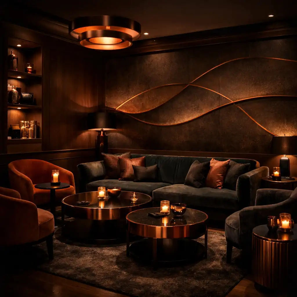 Salon privé avec éclairage tamisé et ambiance raffinée